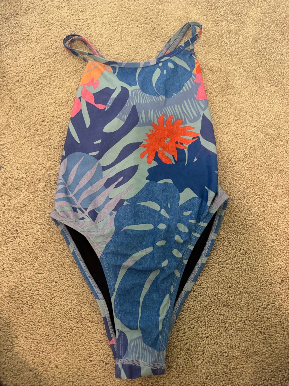 Girls' Blue Tropical Print One-Piece Swimsuit